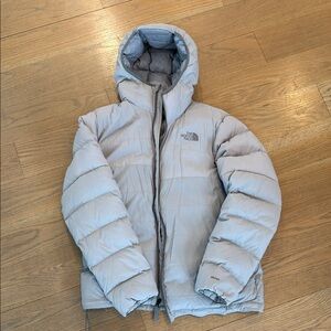 Men’s The North Face Silver Quilted Hooded Jacket 800 size Large